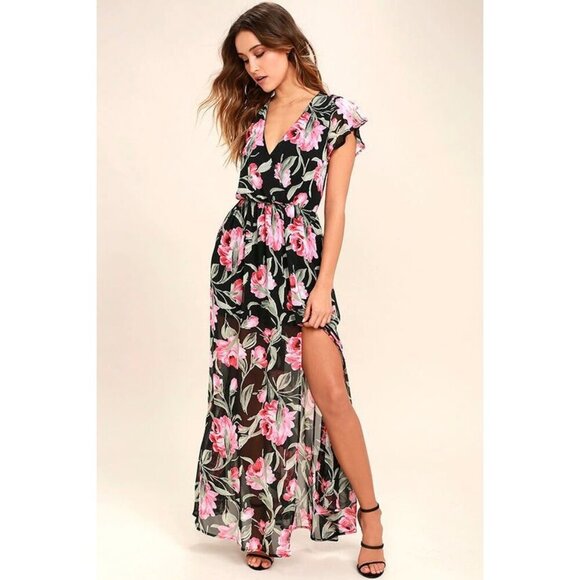 LULUS Where Wildflowers Grow Black Floral Print Maxi Dress size Large - Picture 1 of 13